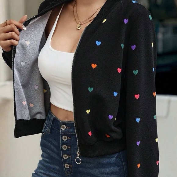 Unknown Jackets & Blazers - Valentine's Day Colorful Heart Print Black Zip Up Bomber Baseball Jacket M